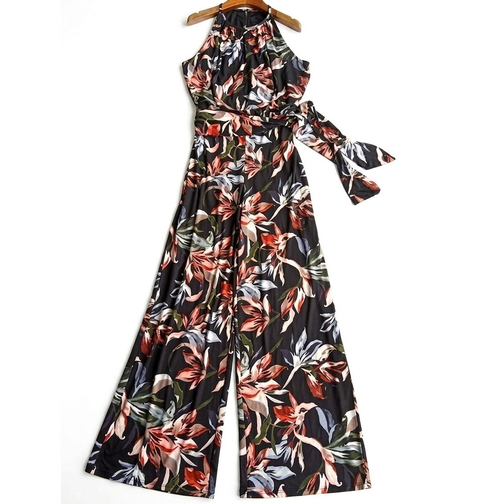 T Tahari Jumpsuit Black Floral Halter Wide Leg Tropical Resortwear Small